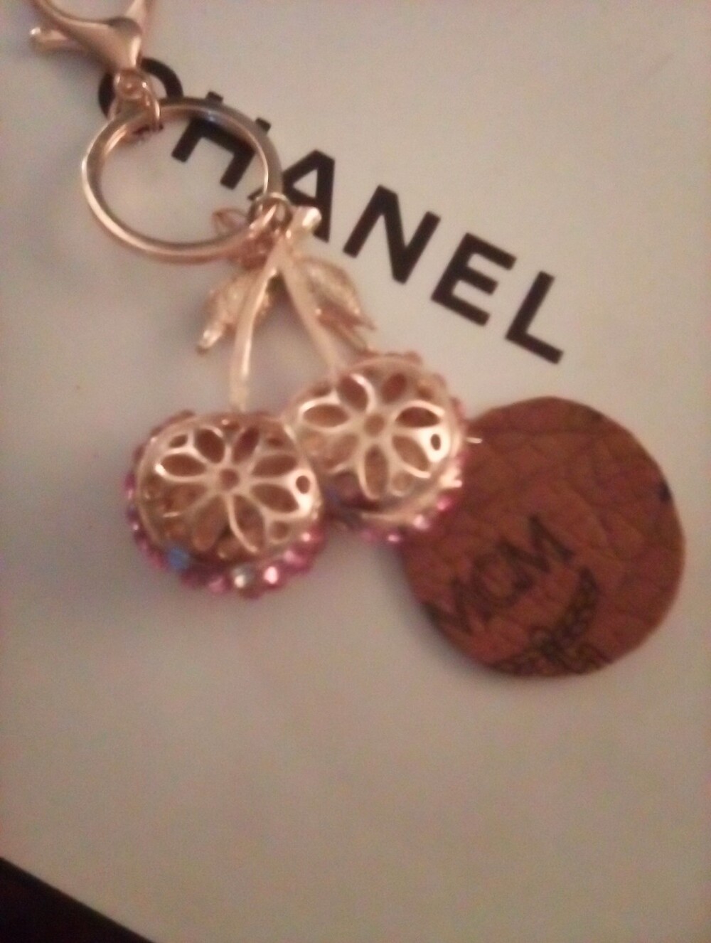 MCM Brown Leather Logo Disk With Pink Crystal Cherry Keychain Designer Bag Charm - Picture 6 of 11